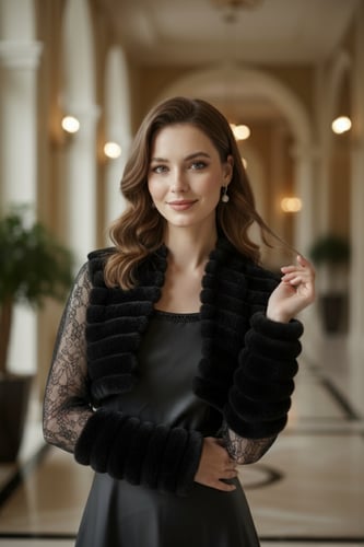 فستان أسود لامع بكرستالات وجاكيت دانتيل وفرو ناعم