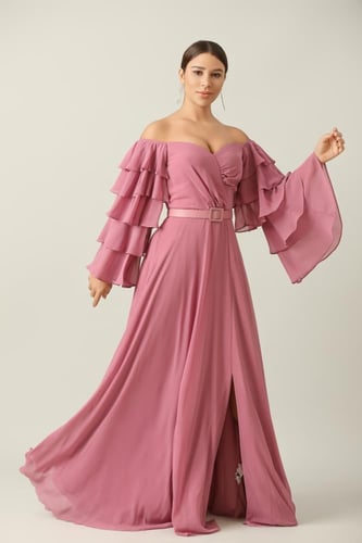 فستان شيفون لون زهري اكمام واسعه طبقات