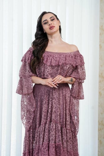 فستان اوف شولدر دانتيل ميدي لون زهري