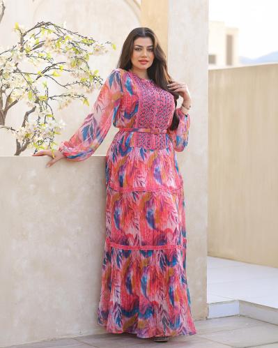 جلابية شيفون مشجرة فاخرة مع شك كريستال بالصدر وحزا...