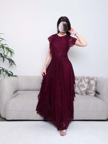 فستان سهرة ناعم دانتيل لون برغندي