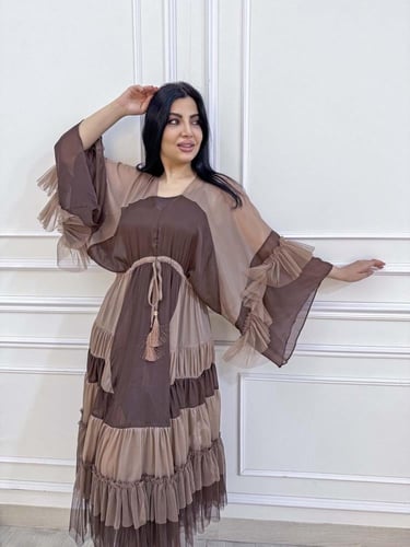 فستان ميدي ناعم اورجانزا وتل مع ربطة بالخصر