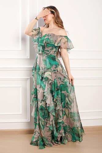 فستان خامة شيفون حرير لو اخضر درابية اوف شولدر