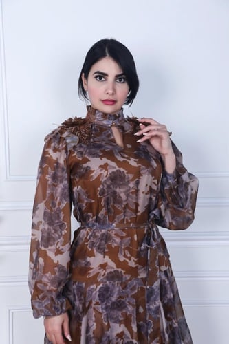 فستان مشجر شيفون لون بني