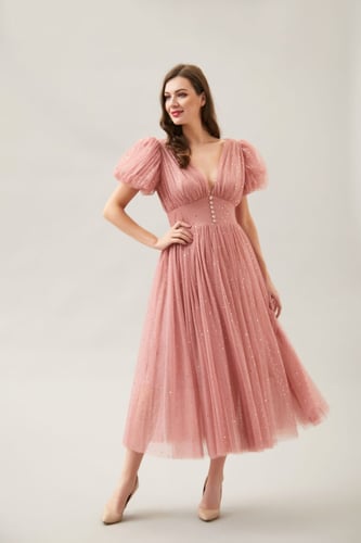 فستان ميدي وردي تل بلاسيه ناعم مزين بلمسات كريستال...