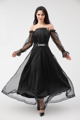 فستان سهرة طويل اوف شولدر مزين بتول اسود مع حزام