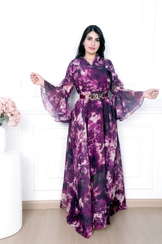 فستان شيفون طويل لون موف أكمام طويله بحزام