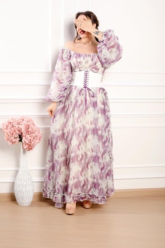 فستان للعيد مشجر بفتحة جانبيه على حزام عريض