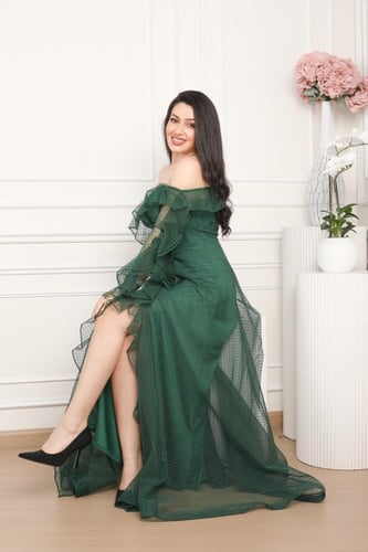 فستان ناعم سهره قماش تل منقط لون اخضر غامق