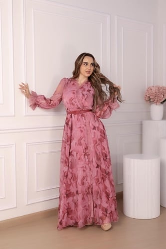 فستان زهري مشجر اكمام طويلة قماش شيفون على تل