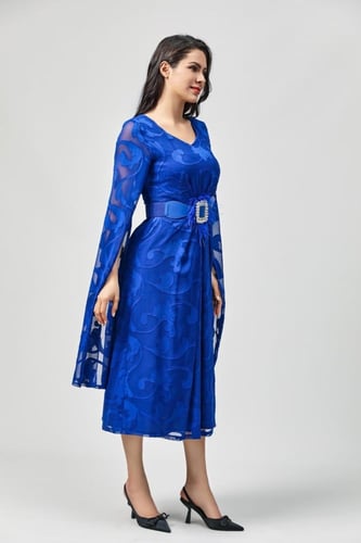 جلابية ميدي أزرق شيفون مورد باكمام واسعة مع حزام م...