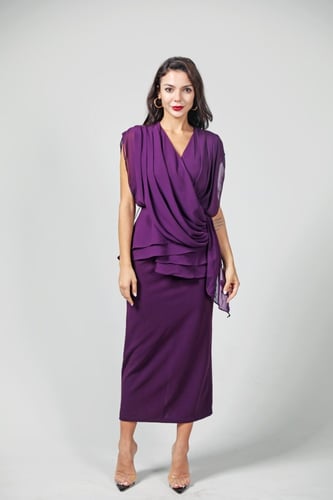 طقم تيور طويل موف بلوزة شيفون بدون كم قصة لف مع تن...