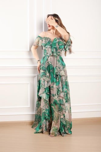 فستان خامة شيفون حرير لو اخضر درابية اوف شولدر