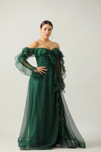 فستان ناعم سهره قماش تل منقط لون اخضر غامق