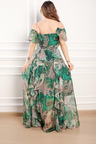 فستان خامة شيفون حرير لو اخضر درابية اوف شولدر