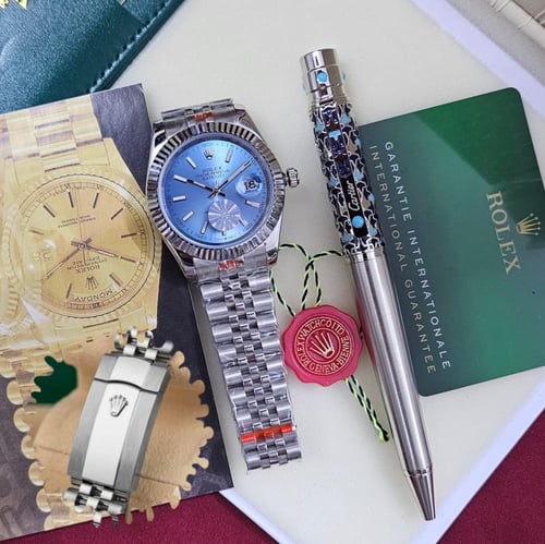 طقم ساعة رولكس مع قلم كارتير نحيف فضي