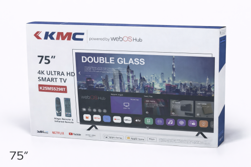 شاشة 75 بوصة كي ام سي KMC نظام تشغيل ويب ال جي LG رسيفر داخلي ضد الكسر THINQ فور كي 4K نظام صوت دولبي