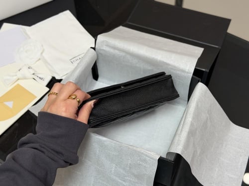 Black Quilted Wallet on Chain Bag with gold Hardwa...