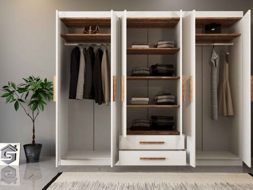 دولاب ملابس ابيض مع خشبي 6 ابواب - موديل DLB 03