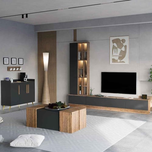 طاولة تلفزيون رمادي غامق مع خشبي- موديل Tv 61