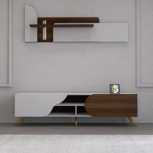 طاولة تلفزيون بني3 جدارية مع أرفف جانبية مضاءة - م...