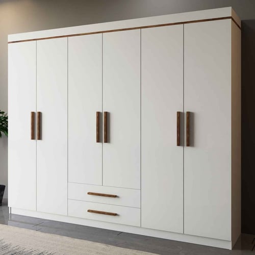 دولاب ملابس ابيض مع خشبي 6 ابواب - موديل DLB 03