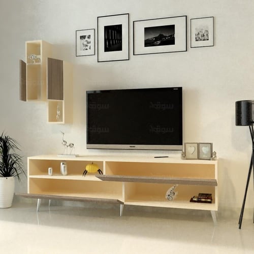 طاولة تلفزيون لون خشبي EX مع بيج - موديل Tv02