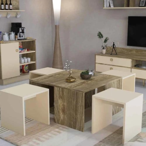 طقم طاولات خشبي وبيج-موديل Sh49