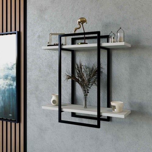 رف جداري اطار معدني وخشب ابيض-موديل SHRAF-H20