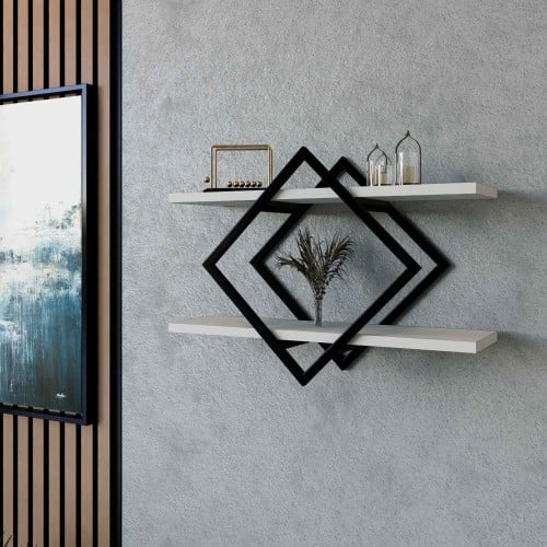 رف جداري اطار معدني وخشب ابيض-موديل SHRAF-H10