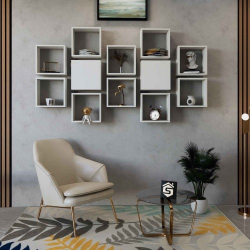 رف جداري ابيض 12 قطعة-موديل SHRAF-03