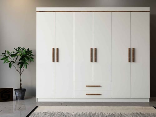 دولاب ملابس ابيض مع خشبي 6 ابواب - موديل DLB 03