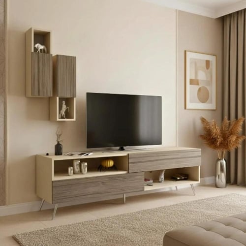 طاولة تلفزيون لون خشبي EX مع بيج - موديل Tv02