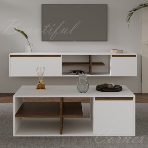 طقم طاولات ابيض مع بني-موديل Elm