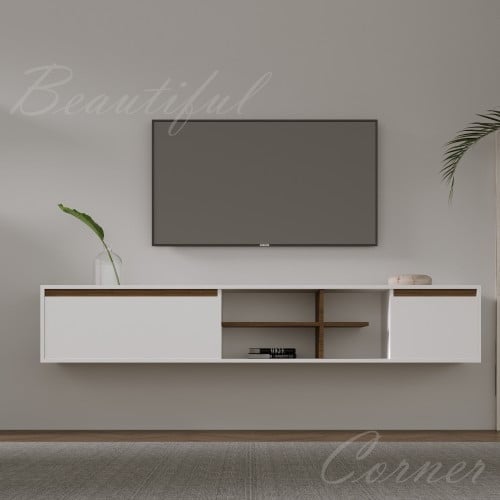 طاولة تلفاز لون ابيض مع بني-موديل Elm