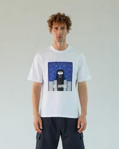 تي شيرت رجالي قطن بلون أبيض وأزرق