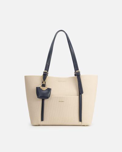 شنطة نسائية جلد بلون أزرق وبيج