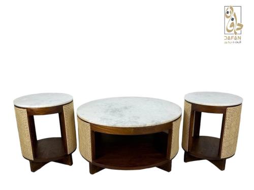 طقم طاولات خشب هندي طبيعي سطح رخام 1+2