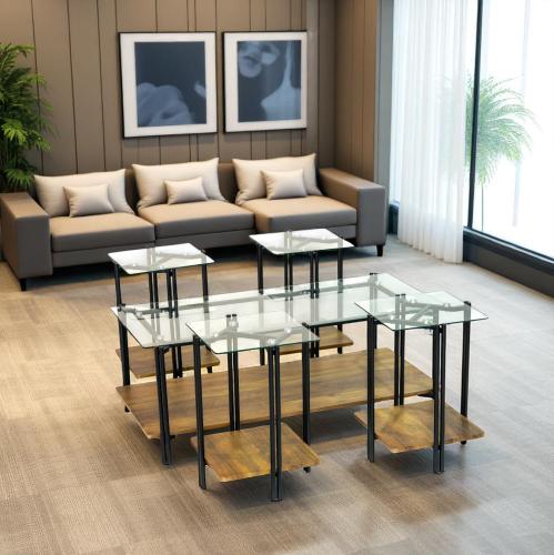 طقم طاولات خشب لون بني فاتح مع سطح زجاج