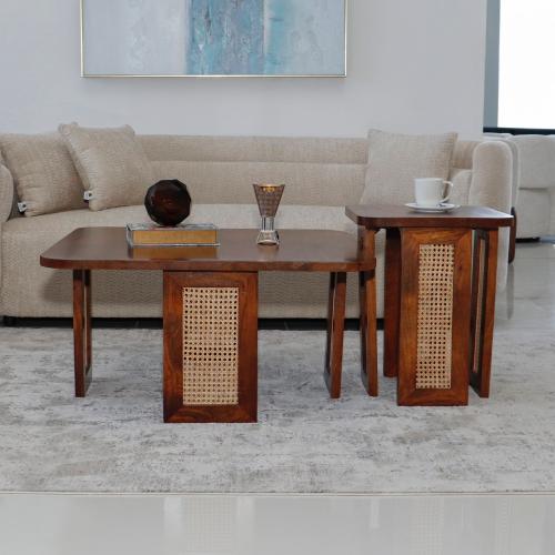 طقم طاولات 1+2 خشب طبيعي هندي