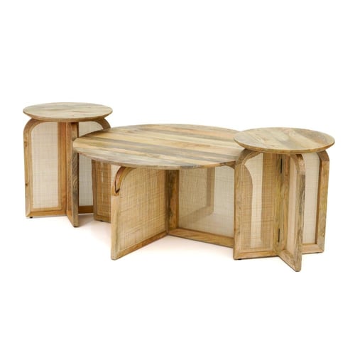 طقم طاولات 1+2 خشب هندي طبيعي مع راتان