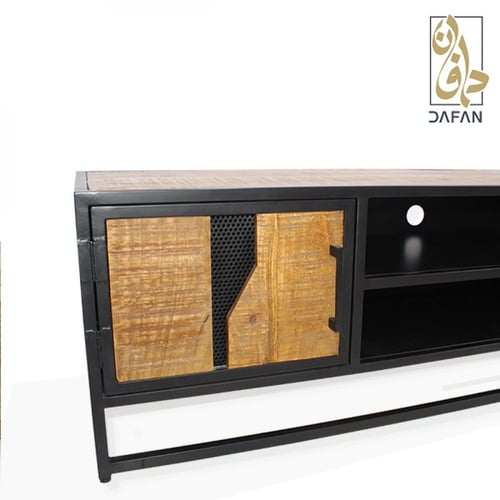 طاولة تلفزيون خشب هندي طبيعي وقاعدة معدنية