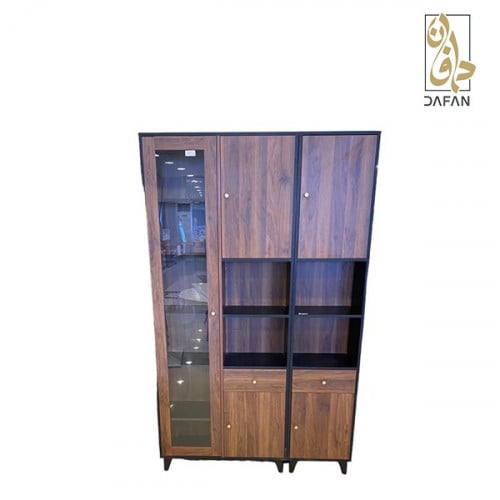 مكتبة خشب بنية باب زجاجي مودرن