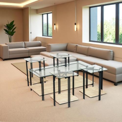 طقم طاولات خشب لون بيج مع سطح زجاج