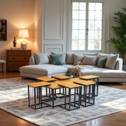 طقم طاولات كنب 1+6 لون بيج فاتح