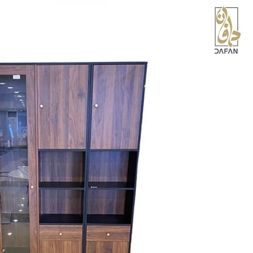 مكتبة خشب بنية باب زجاجي مودرن