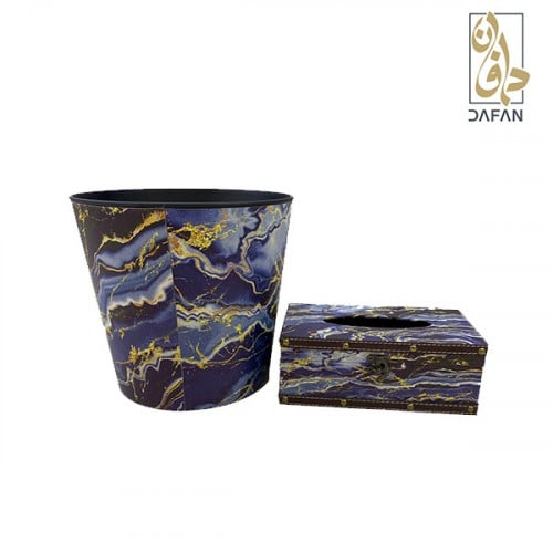 طقم سلة ومناديل أزرق وذهبي قطعتين