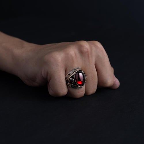 خاتم رجالي فضة عيار 925 - حجر أونكس أحمر