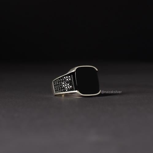 خاتم رجالي فضة عيار 925 - حجر أونكس أسود