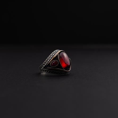 خاتم رجالي فضة عيار 925 - حجر أونكس أحمر